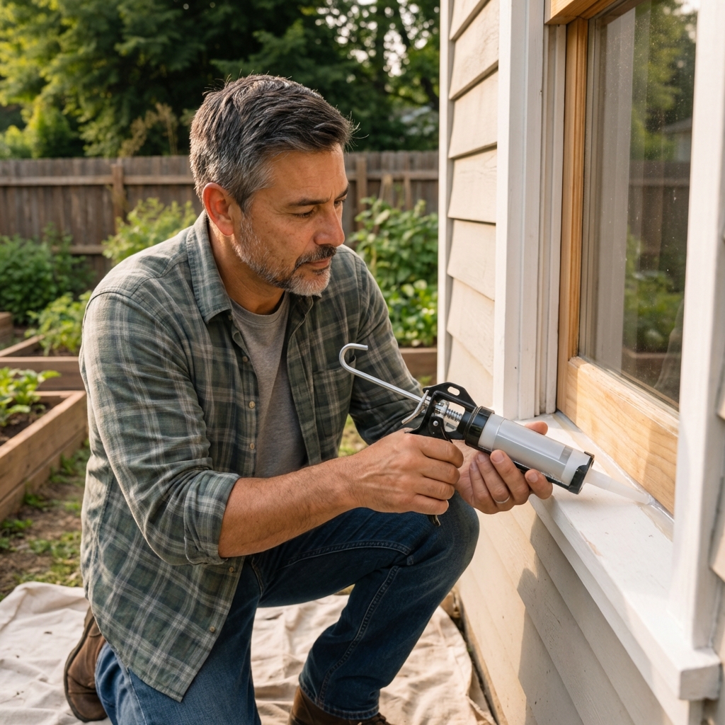 A real photograph of a person applying clear caulk along the edge of an exterior window trim