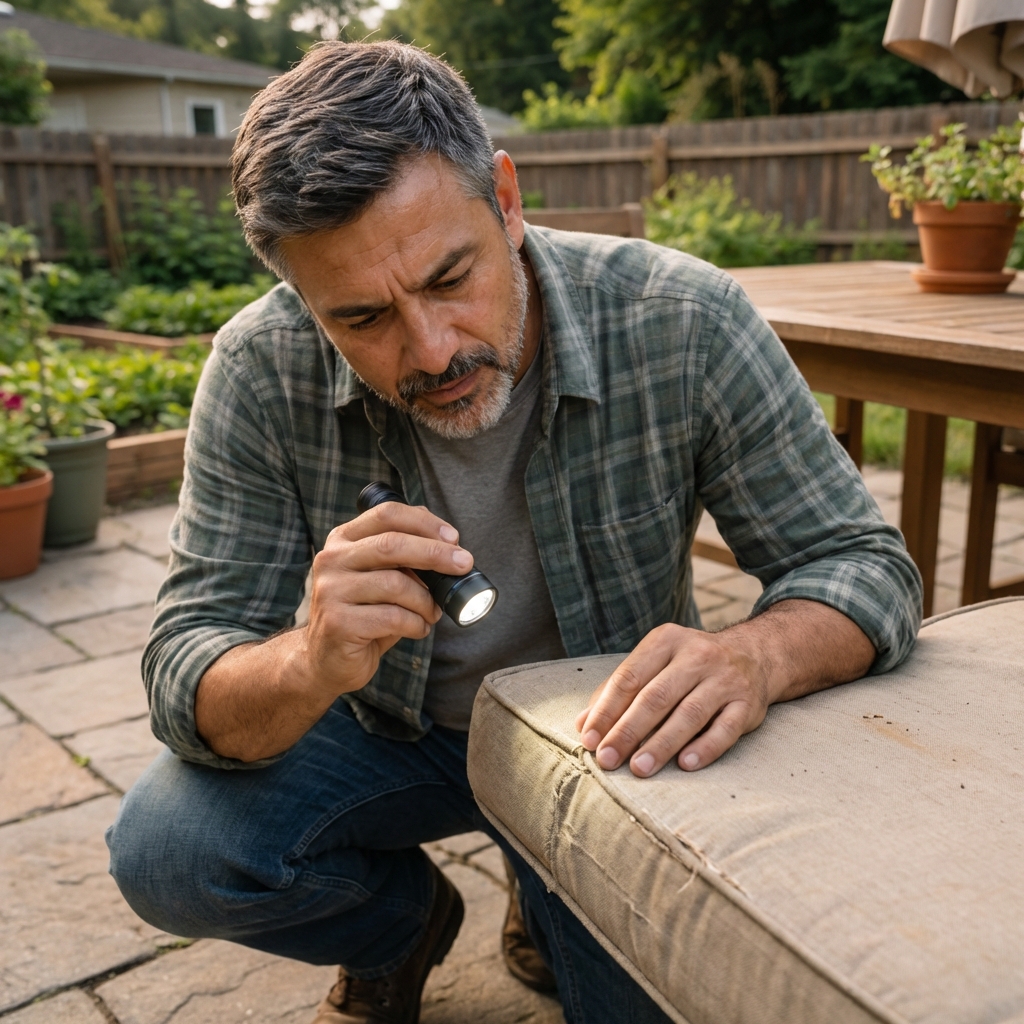 A real photograph of a person inspecting the seam of an outdoor cushion with a flashlight on a patio