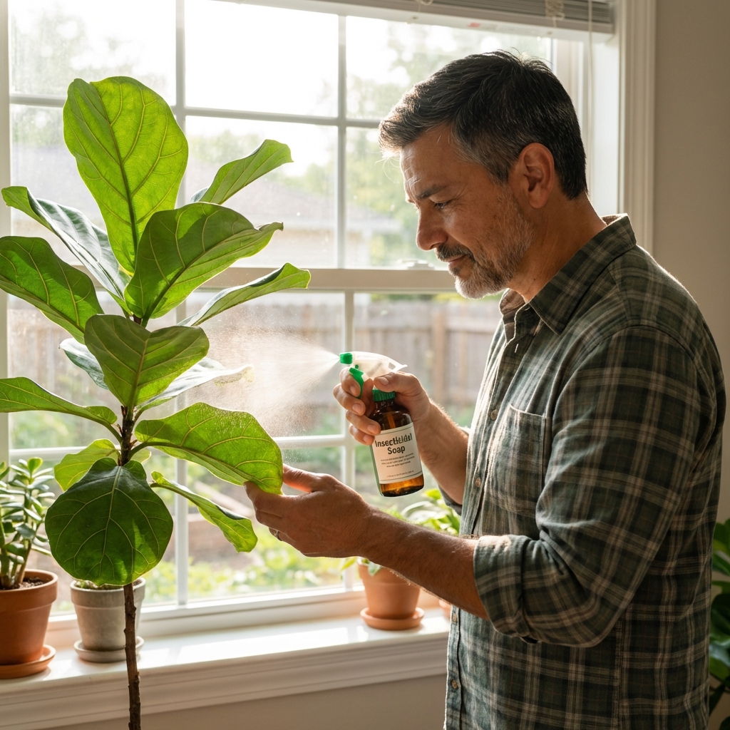 A real photograph of a person spraying insecticidal soap onto the underside of houseplant leaves near a sunny window
