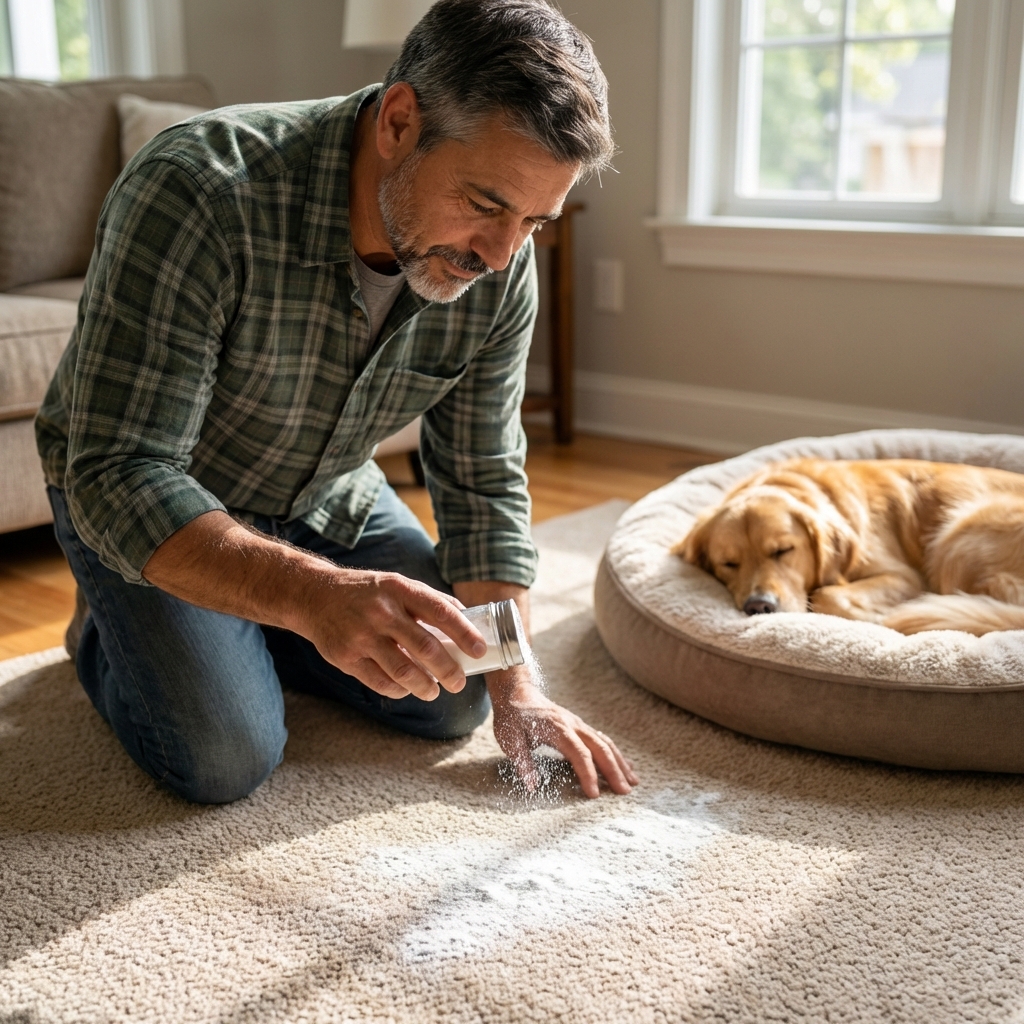 A real photograph of a person sprinkling a light layer of baking soda on a carpet near a pet bed