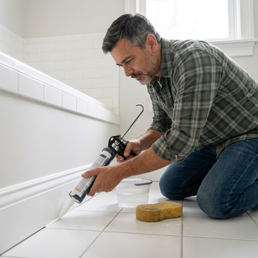 A real photograph of a person using a caulk gun to seal a small gap along a white baseboard in a bathroom