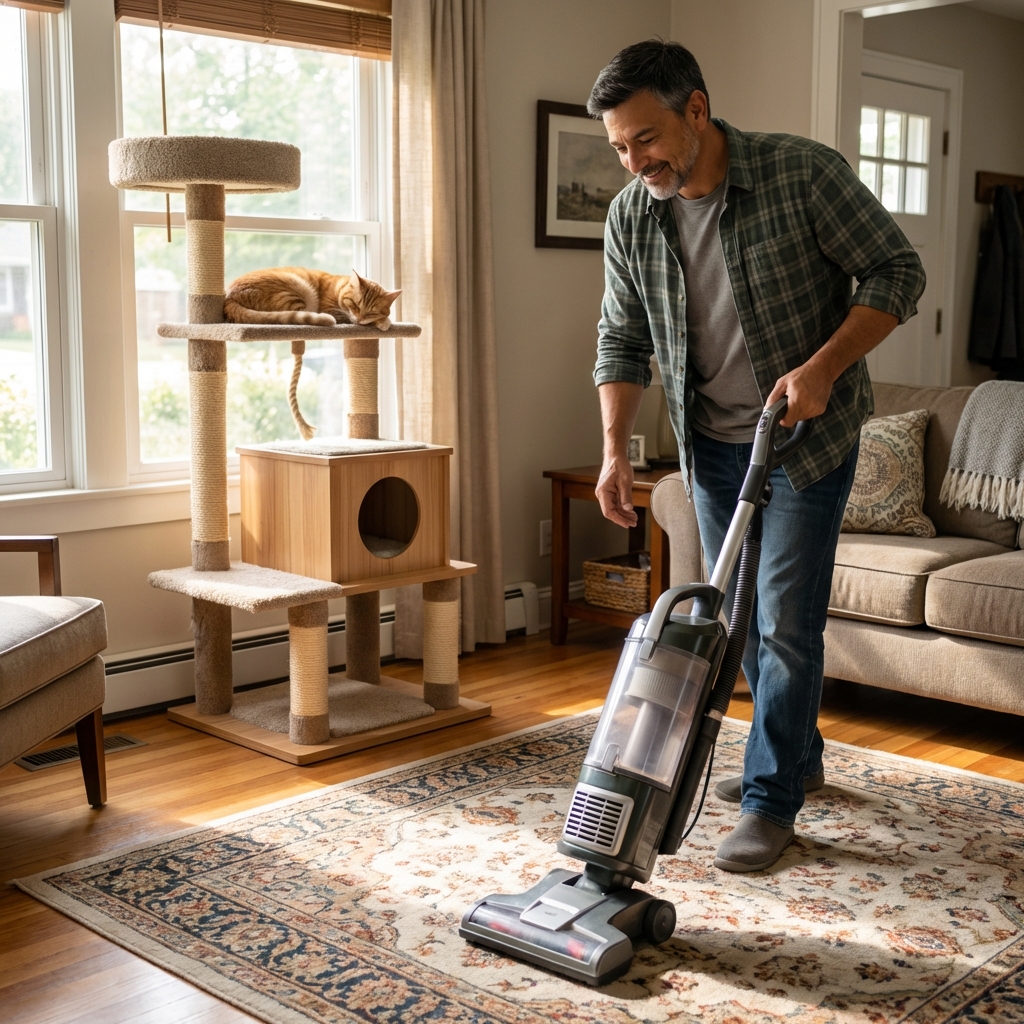 A real photograph of a person vacuuming a living room rug with a cat tree in the background