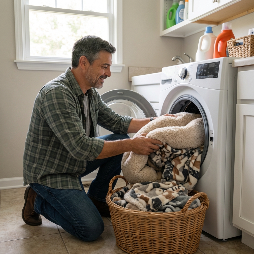 A real photograph of a person washing pet bedding in a washing machine laundry room