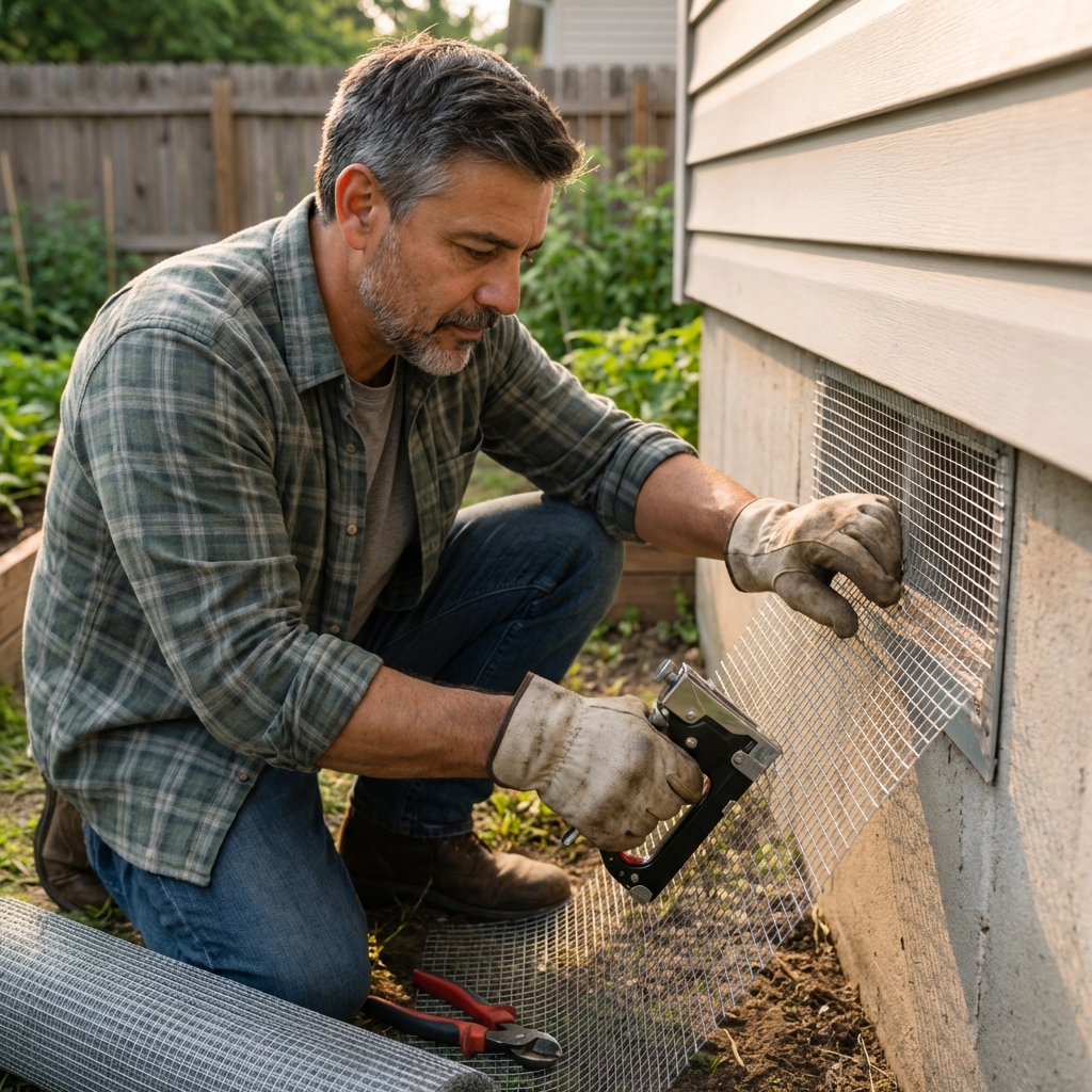 A real photograph of a person wearing gloves attaching hardware cloth over a foundation vent on a house