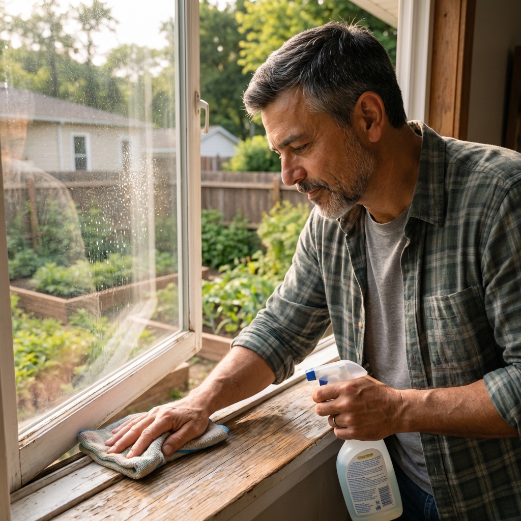 A real photograph of a person wiping a windowsill with a cloth and a spray bottle nearby