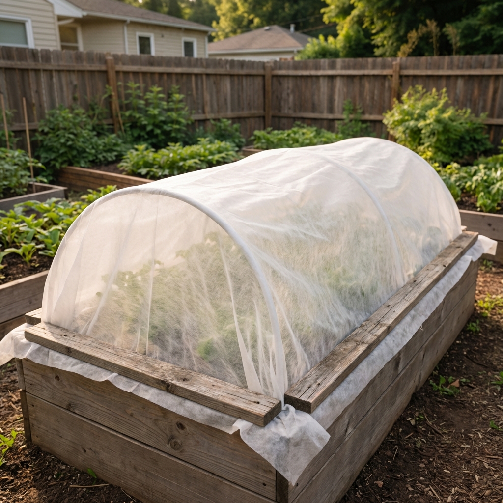 A real photograph of a raised garden bed covered with white fabric row cover secured along the edges with boards