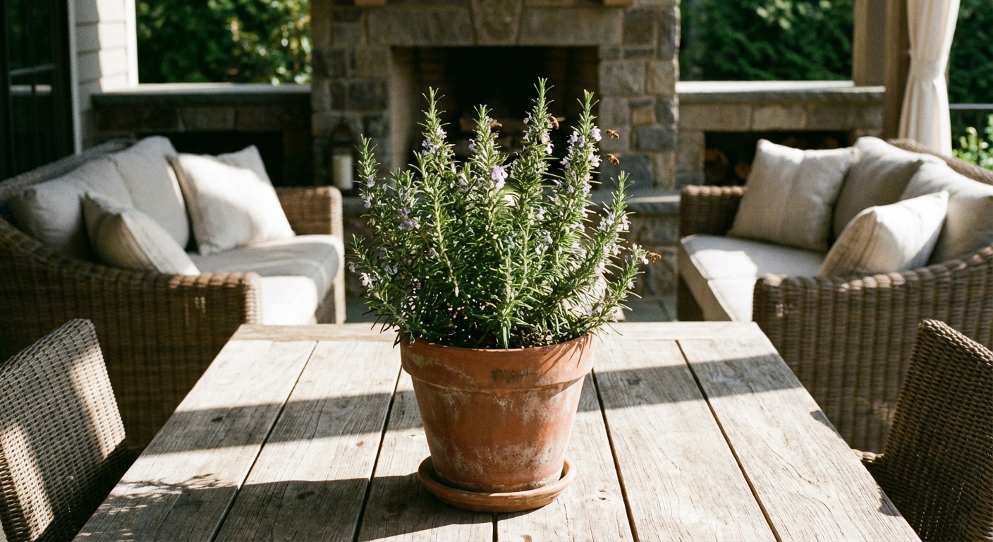 A real photograph of a rosemary plant in a terracotta pot on a sunny patio table near an outdoor seating area