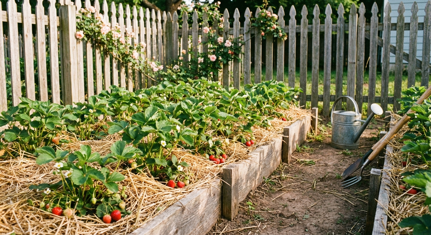 A real photograph of a small backyard strawberry patch in full sun, with neat rows and straw mulch between plants, and a fence in the background