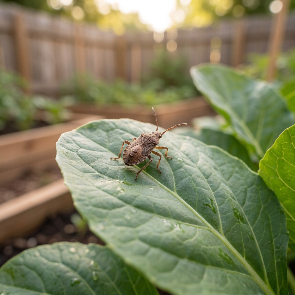 A real photograph of a small brown true bug nymph on a green vegetable leaf in a backyard garden