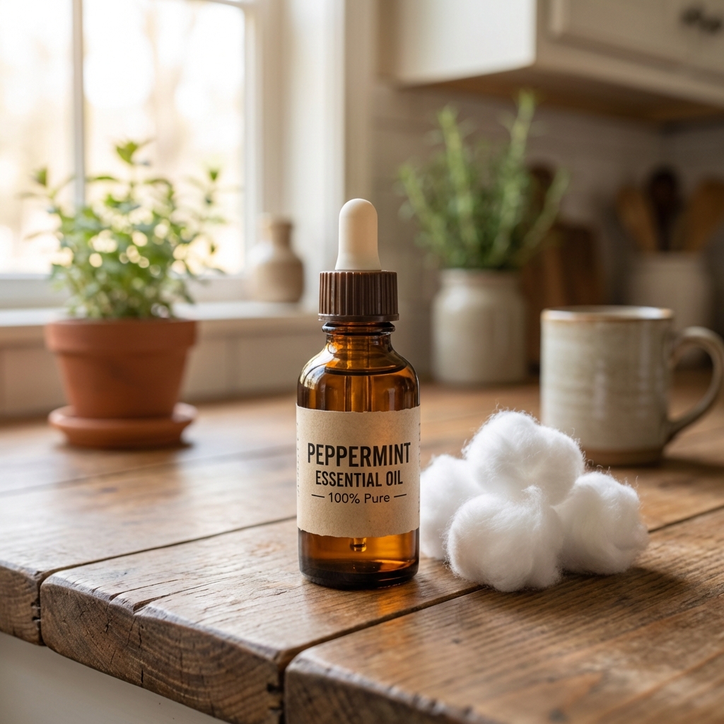 A real photograph of a small glass bottle of peppermint essential oil next to cotton balls on a kitchen counter