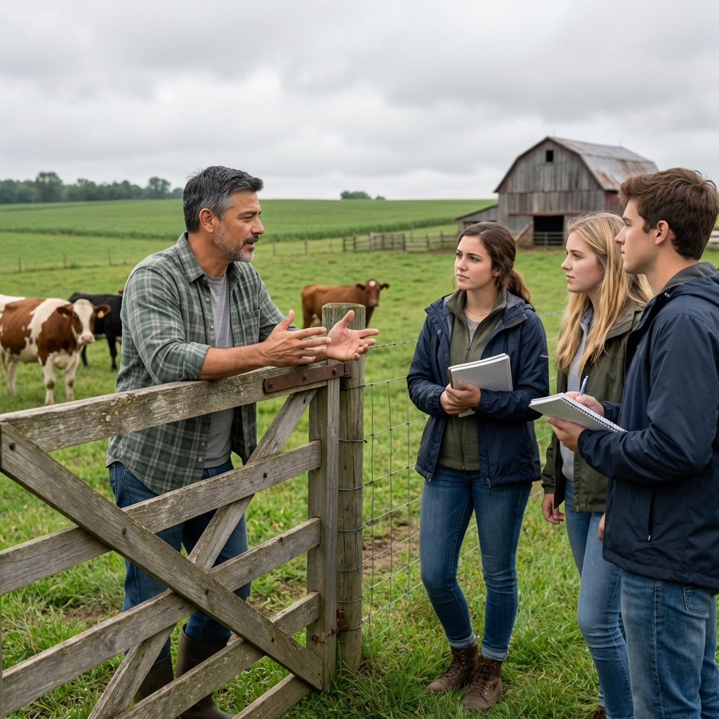 A real photograph of a small group of students standing near a fenced pasture listening to a farmer talk beside a gate on an overcast day