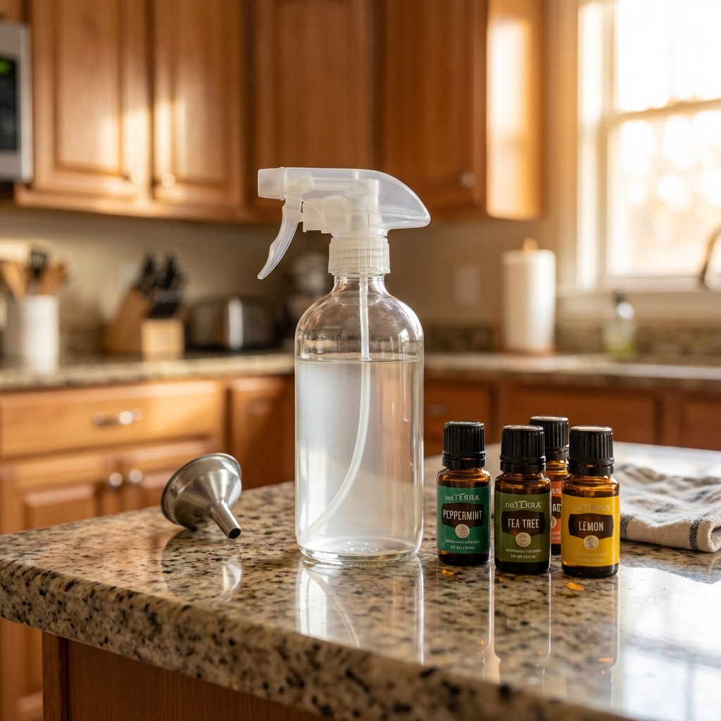 A real photograph of a spray bottle and essential oil bottles on a kitchen counter