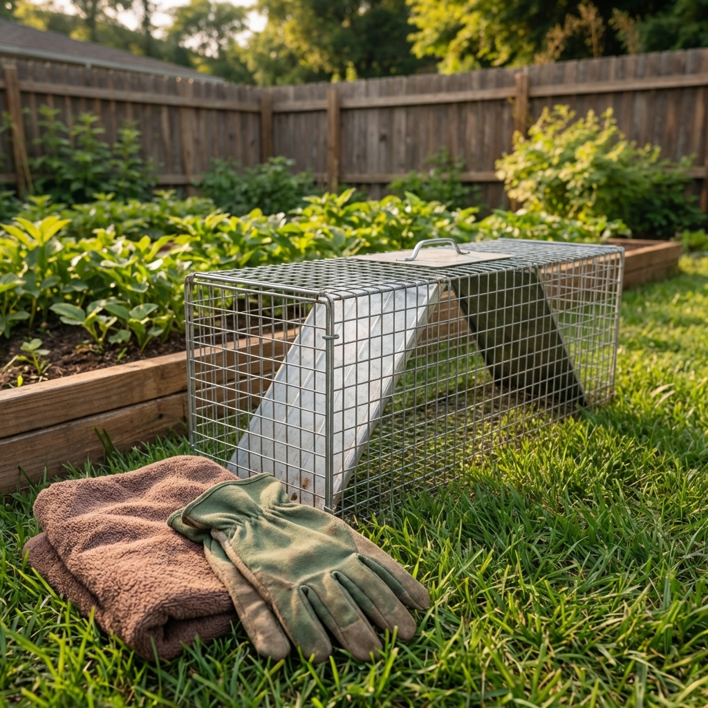 A real photograph of a sturdy wire live trap on grass with a towel nearby and gardening gloves beside it