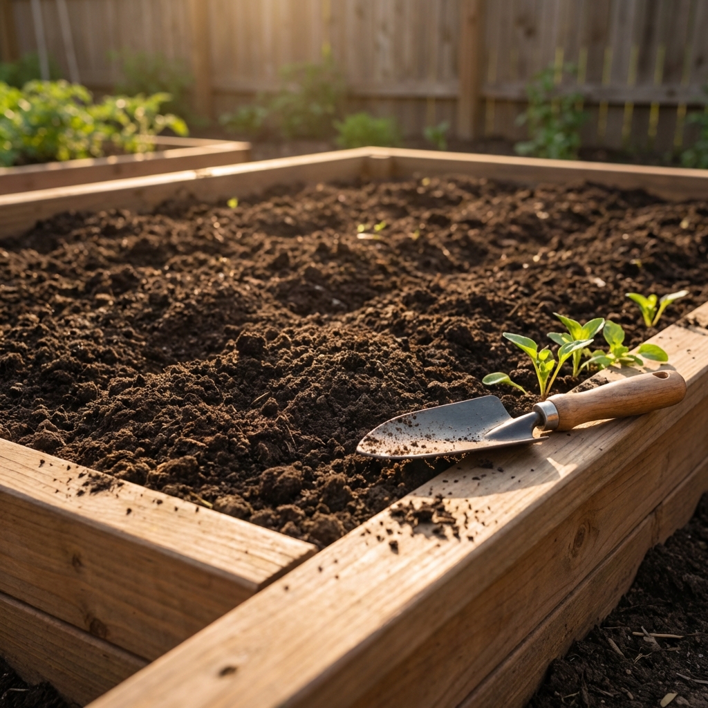 A real photograph of a sunny garden bed with well-draining soil and a small hand trowel resting nearby