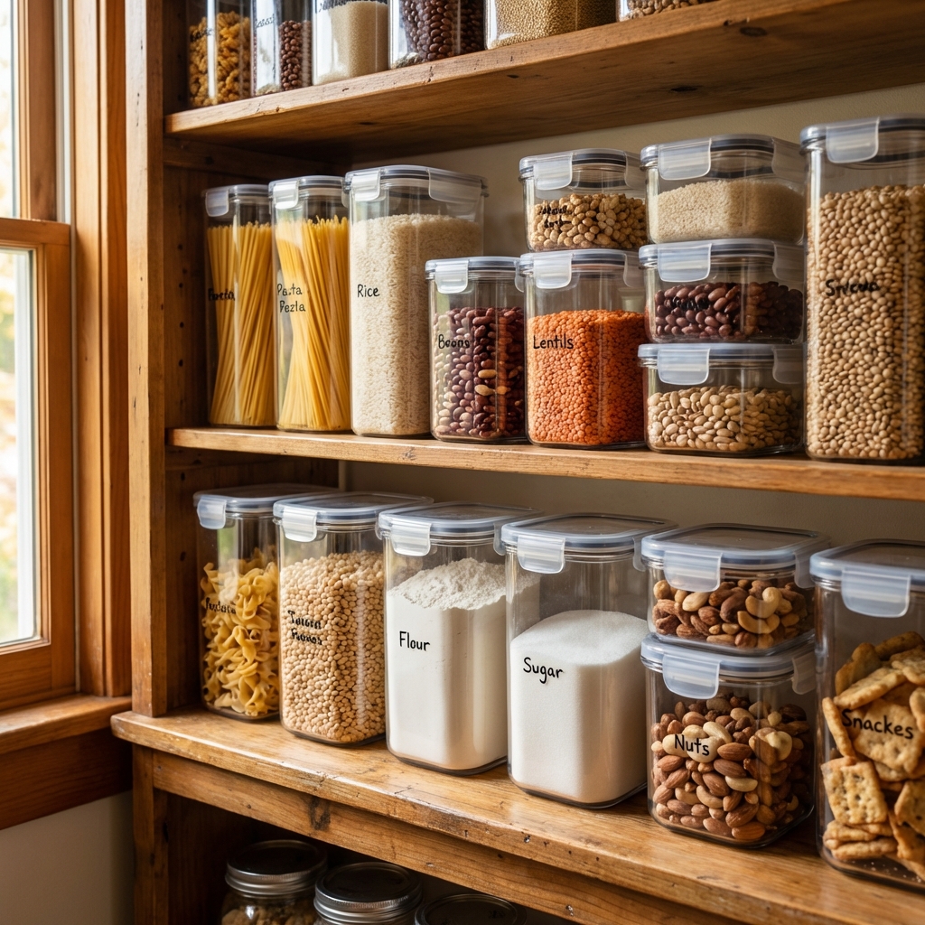 A real photograph of a tidy pantry shelf with food stored in clear airtight containers with sealed lids