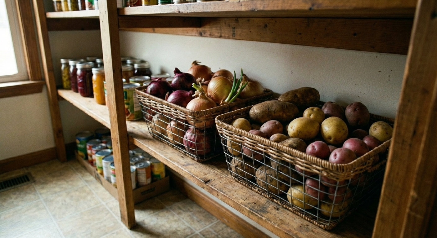A real photograph of a tidy pantry shelf with onions and potatoes stored in ventilated baskets