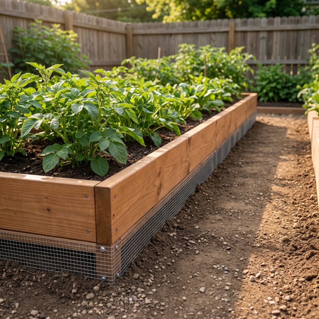 A real photograph of a tidy raised garden bed with hardware cloth visible along the lower edge and a clean path beside it