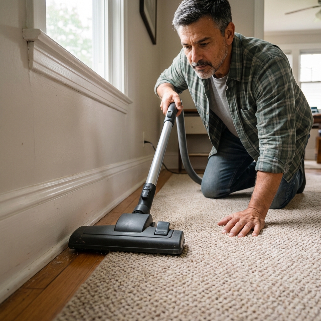 A real photograph of a vacuum cleaner being used along a carpet edge next to a baseboard in a home