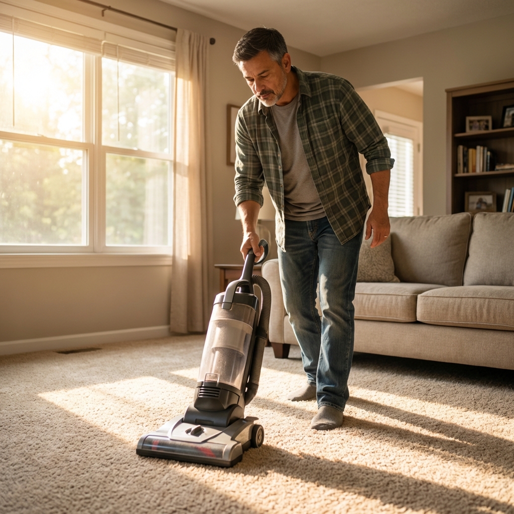 A real photograph of a vacuum cleaner being used on a beige carpet in a living room with sunlight coming through a window