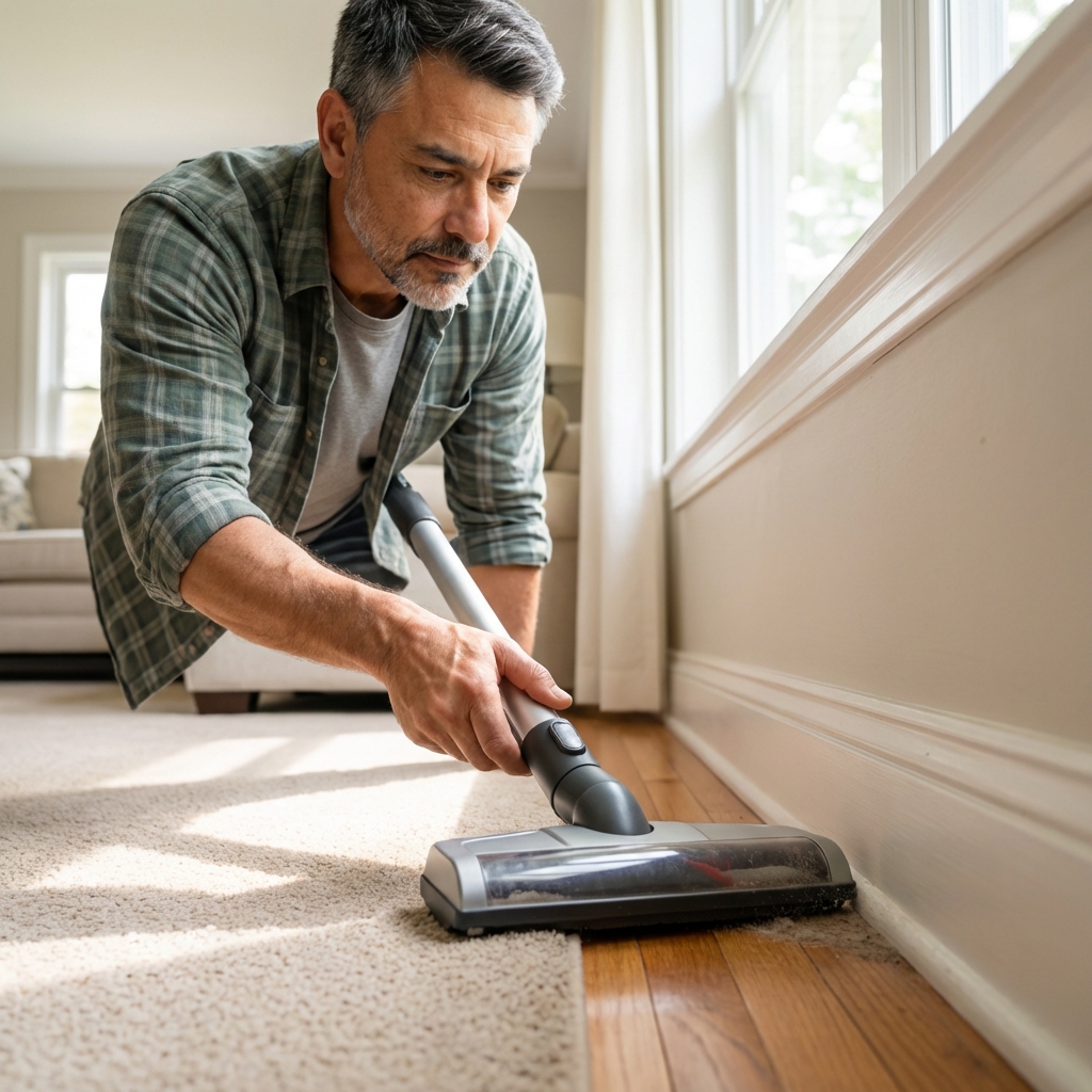 A real photograph of a vacuum head passing over a carpet edge next to a baseboard in a living room