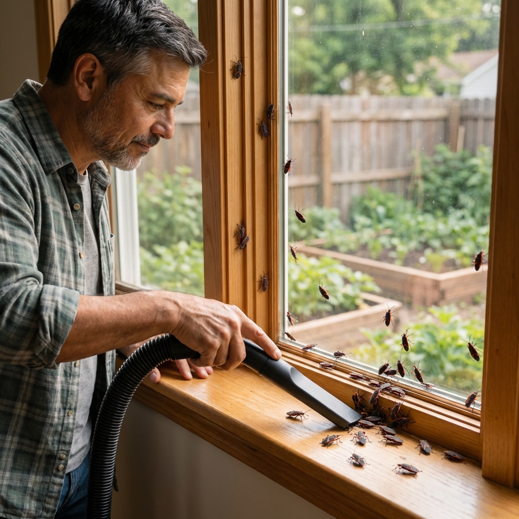 A real photograph of a vacuum hose attachment being used along an indoor windowsill where several boxelder bugs are visible