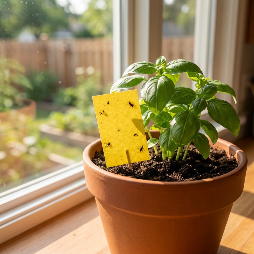 A real photograph of a yellow sticky trap card inserted into the soil of a small indoor potted plant near a sunny window