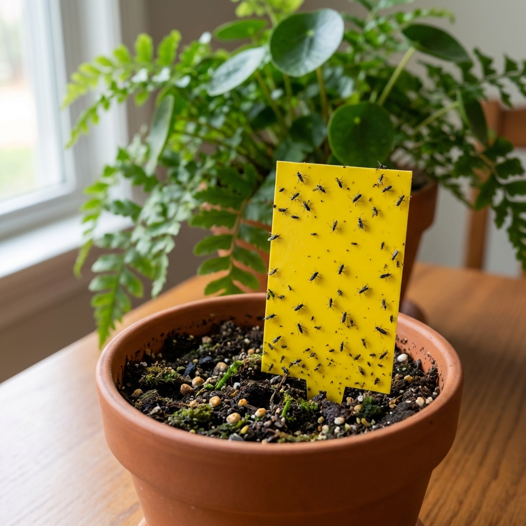 A real photograph of a yellow sticky trap inserted into the soil of an indoor houseplant pot with small insects stuck to it