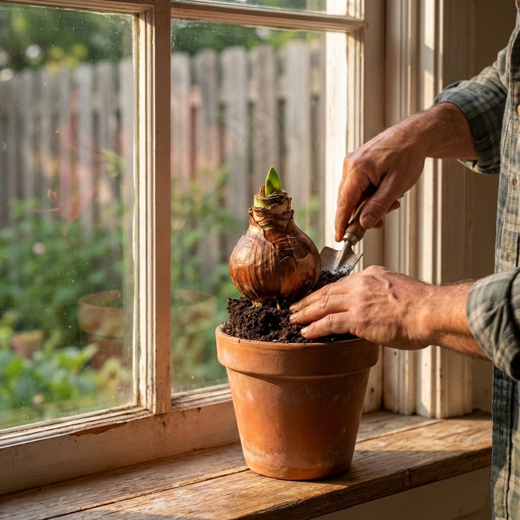 A real photograph of an amaryllis bulb planted in a pot with the top third of the bulb visible above the soil