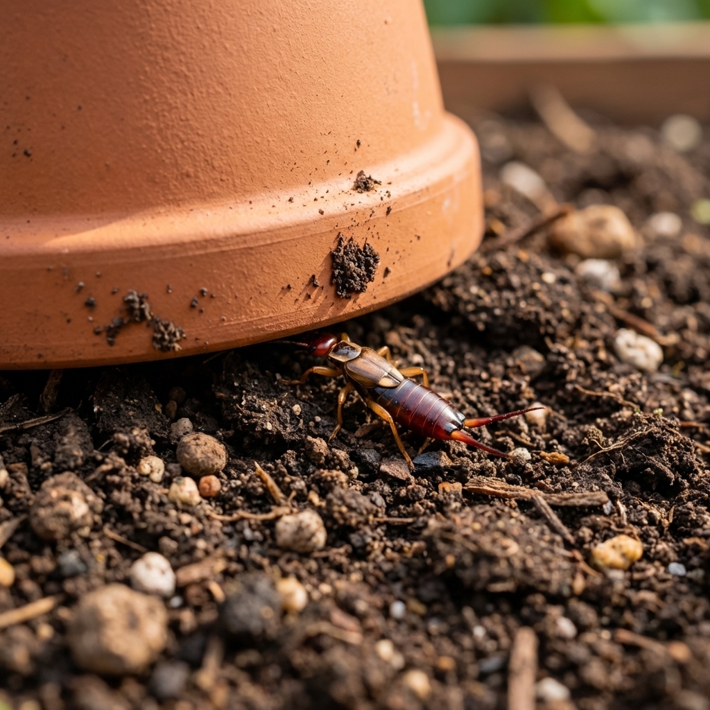 A real photograph of an earwig hiding under a garden pot sitting on soil