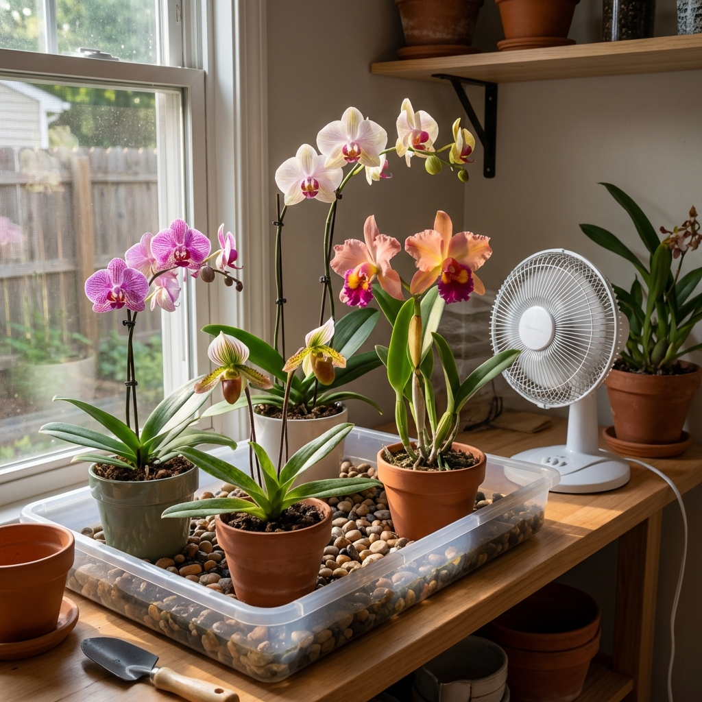 A real photograph of an orchid collection on a shelf with a small fan nearby and a humidity tray beneath the pots