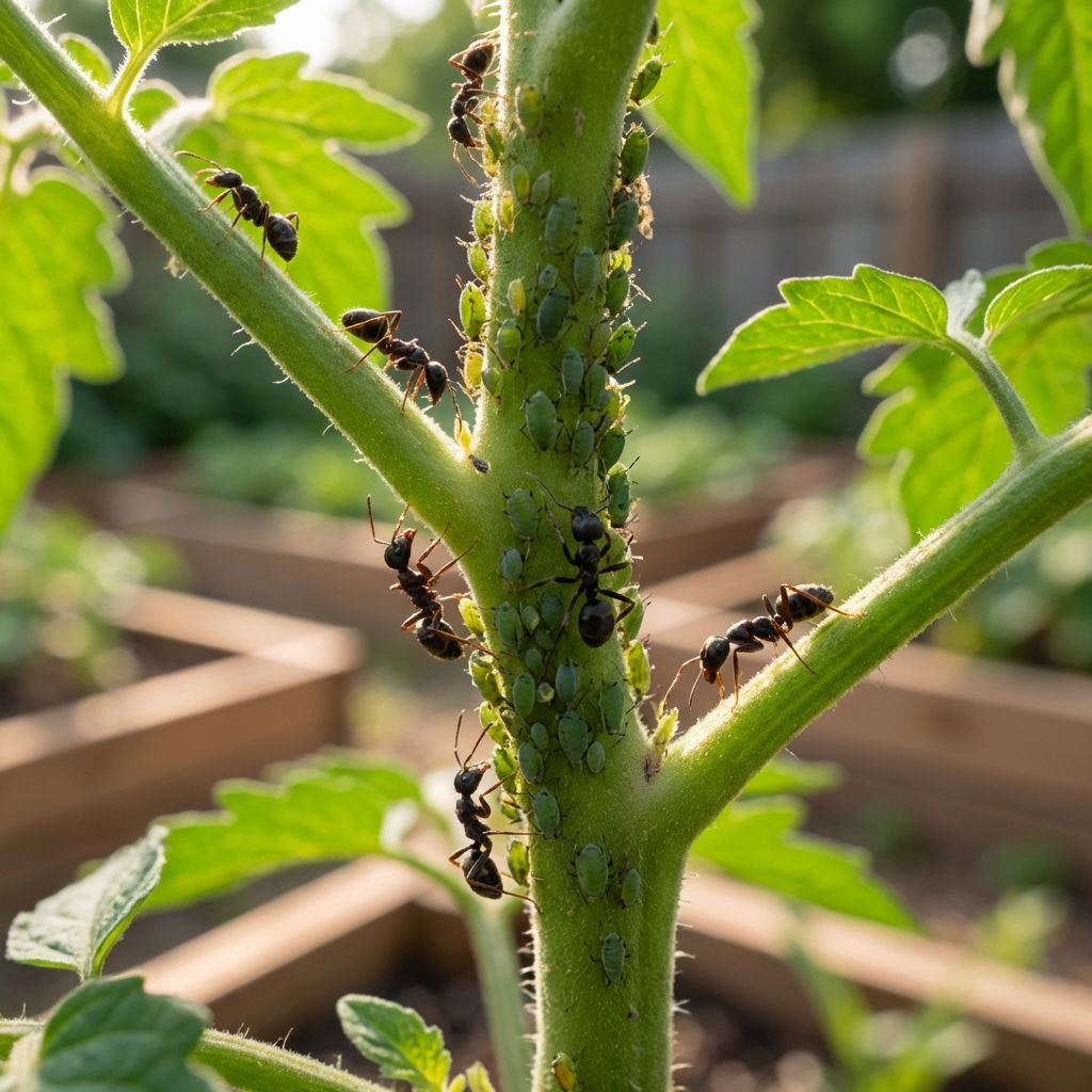 A real photograph of ants on a green plant stem near a cluster of aphids in a garden