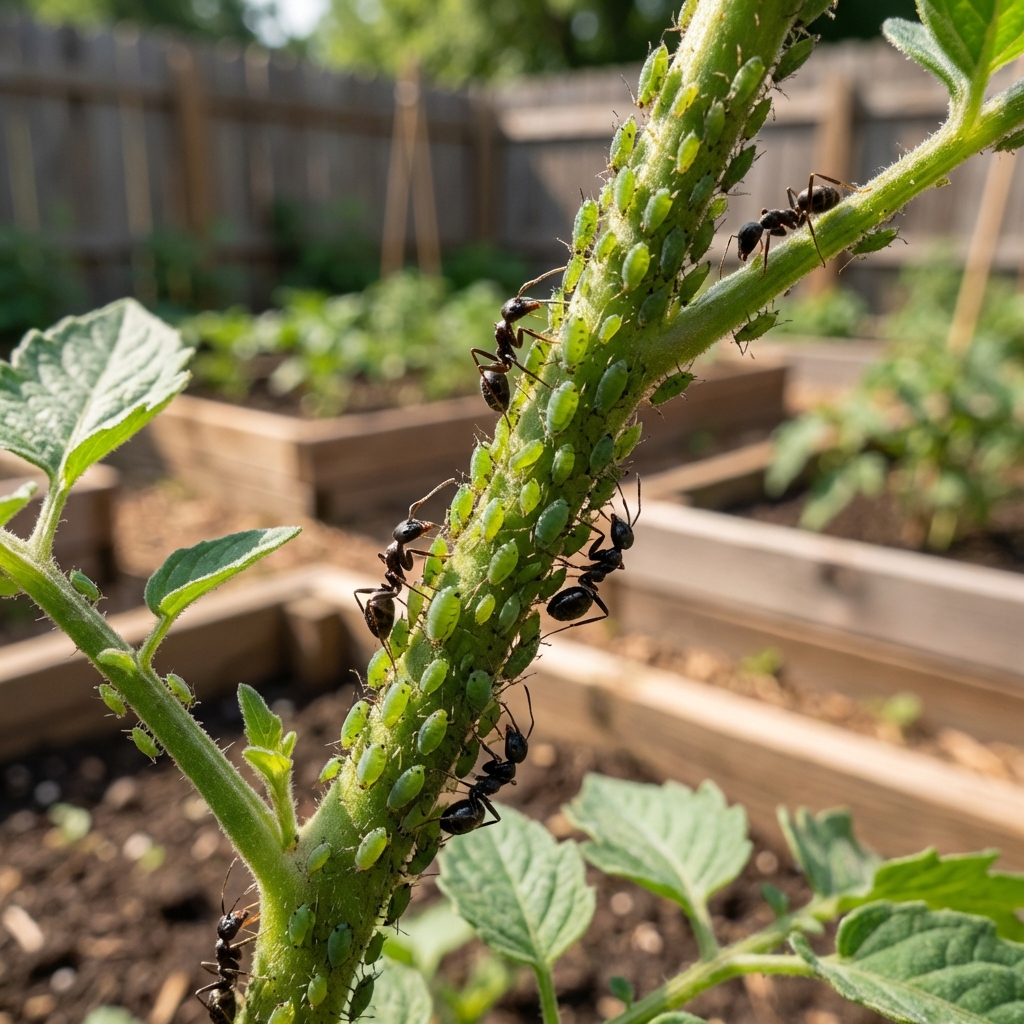 A real photograph of aphids clustered on the stem of a garden plant with ants nearby