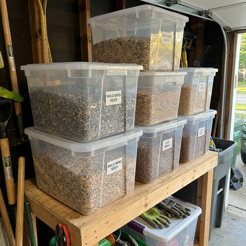 A real photograph of clear lidded storage bins holding bird seed and pet food on a garage shelf