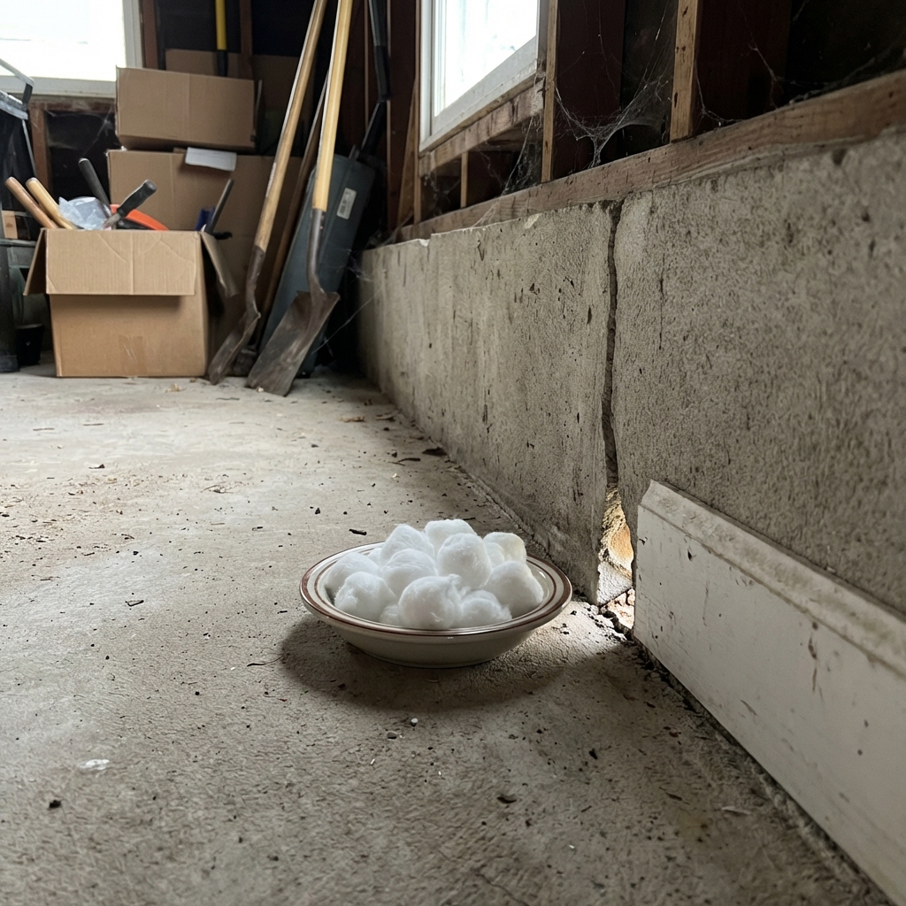 A real photograph of cotton balls in a small dish placed in the corner of a garage near a suspected entry gap