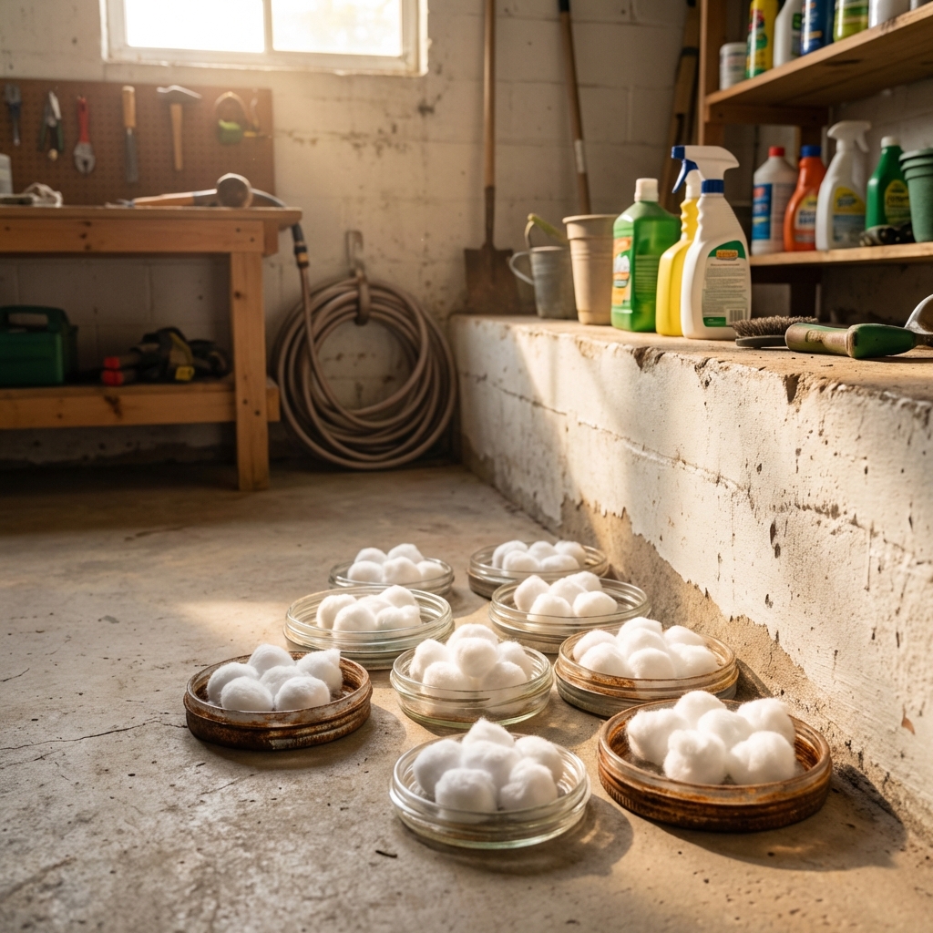 A real photograph of cotton balls placed in small jar lids near a wall in a utility area