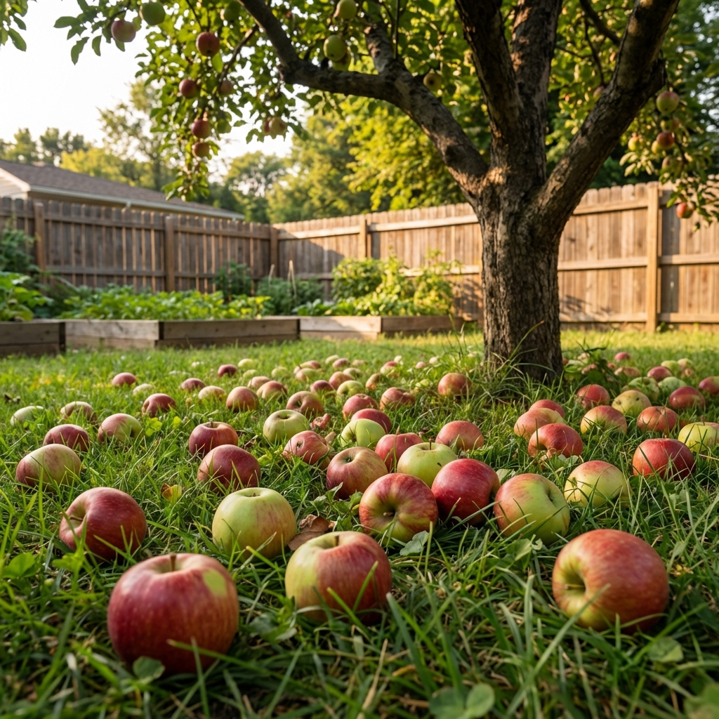 A real photograph of fallen apples scattered on grass under a backyard fruit tree
