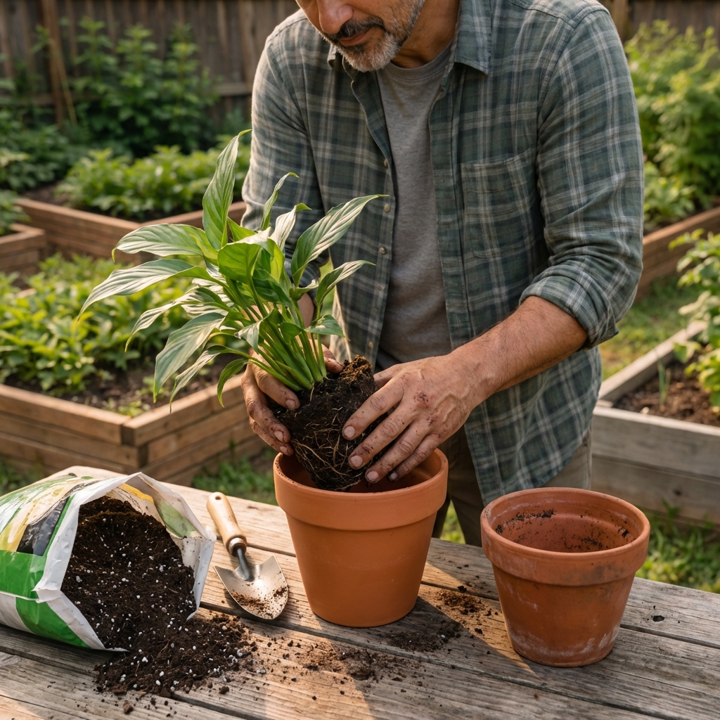 A real photograph of hands repotting a houseplant on a table with a clean pot and fresh potting mix
