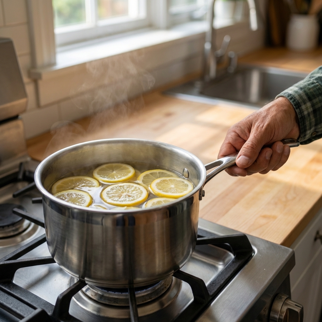 A real photograph of lemon slices steeping in a pot of warm water on a stovetop