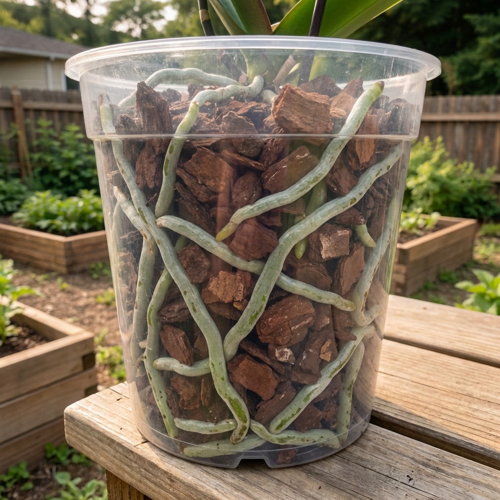 A real photograph of orchid roots visible in a clear plastic pot with bark mix