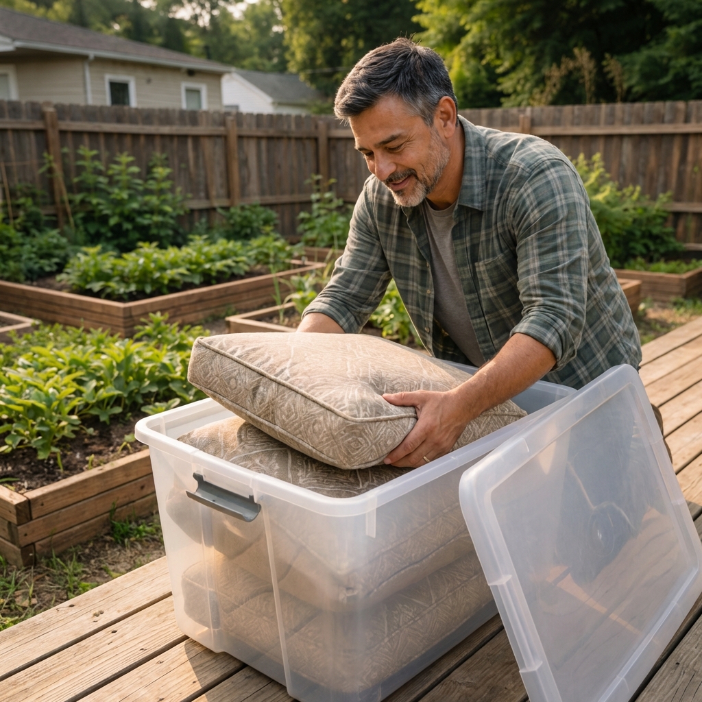 A real photograph of outdoor patio cushions being placed into a sealed plastic storage bin on a deck