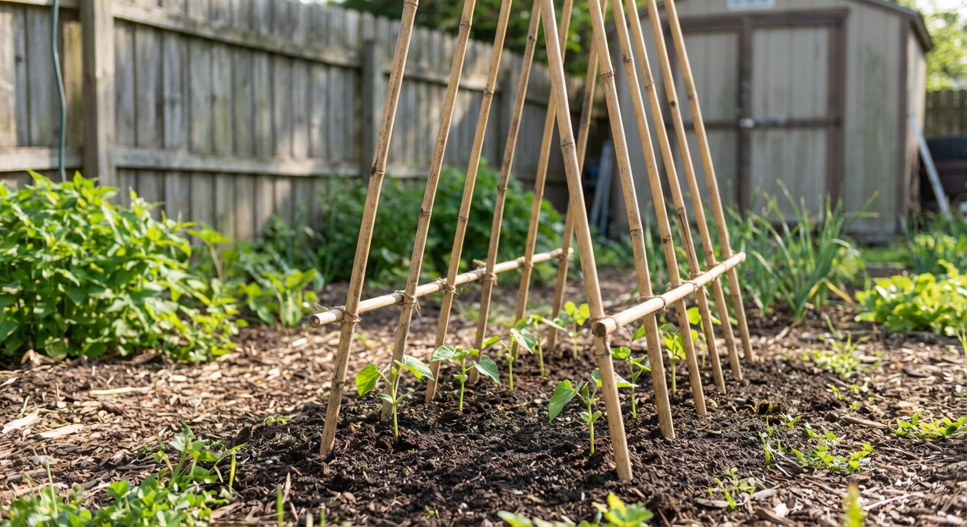 A real photograph of pole bean seedlings at the base of a simple bamboo teepee trellis in a backyard garden