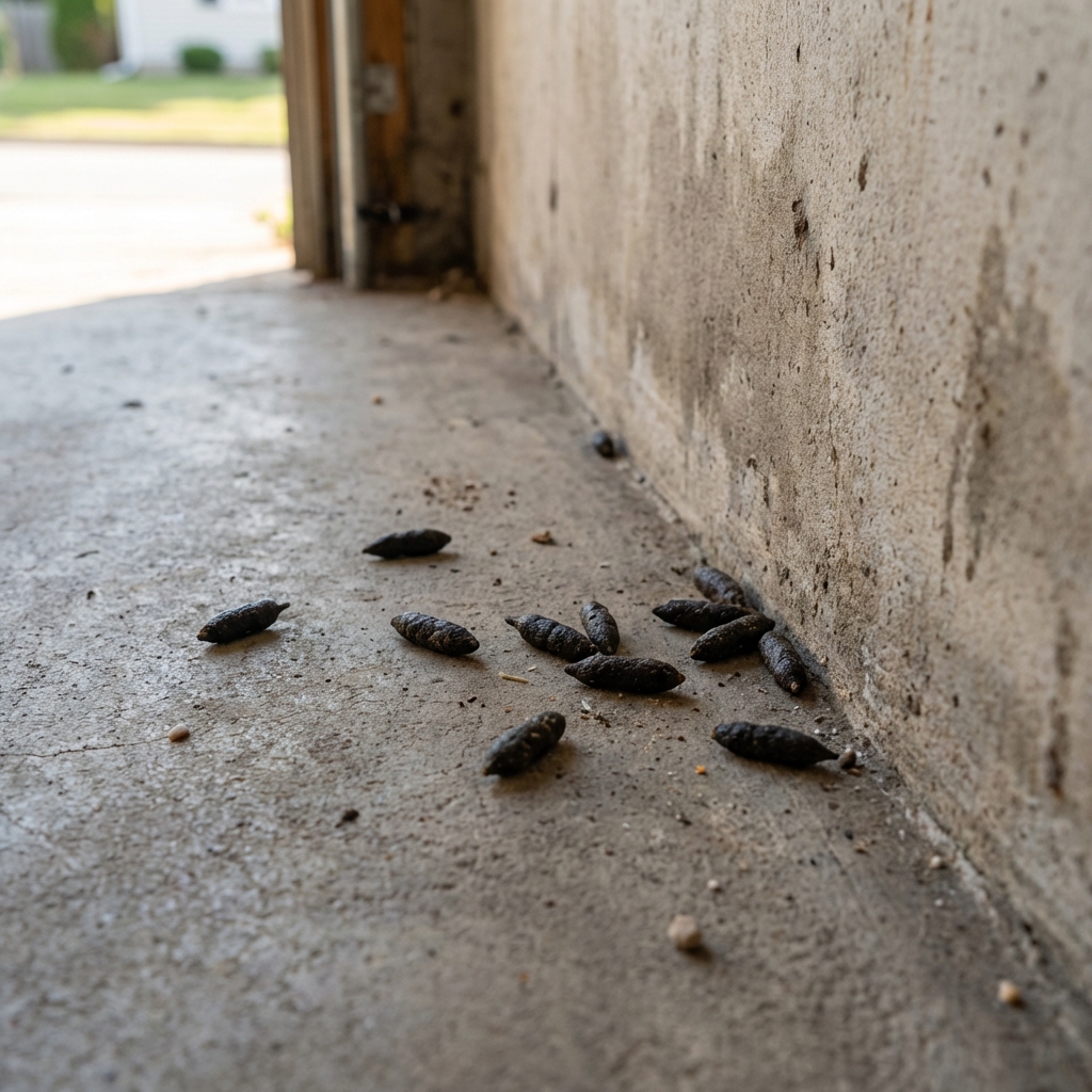 A real photograph of rat droppings on a concrete garage floor near a wall