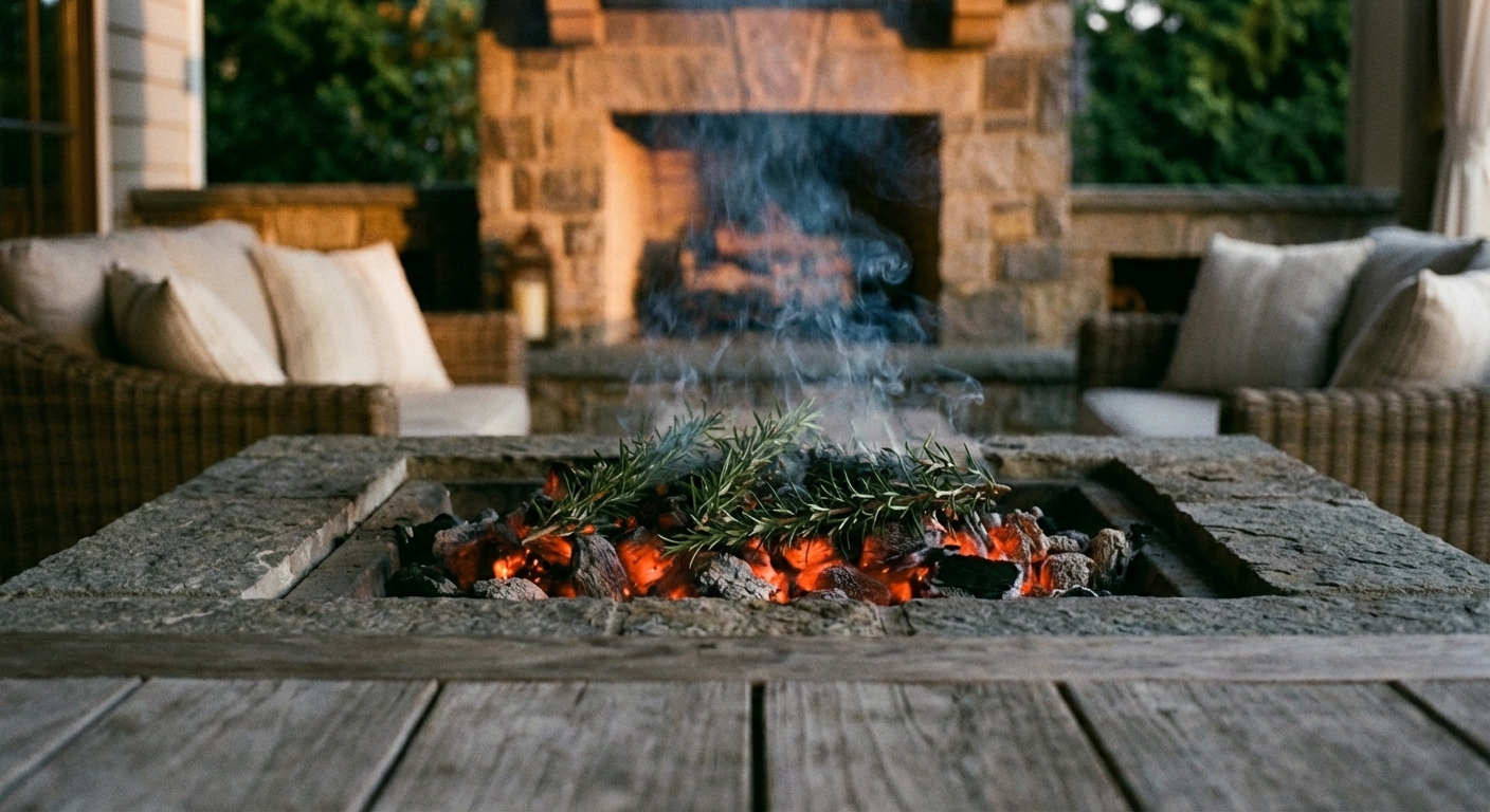 A real photograph of rosemary sprigs smoldering on hot coals in an outdoor fire pit at dusk