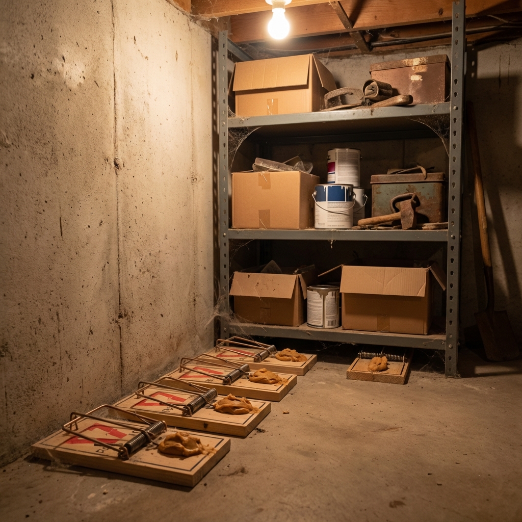 A real photograph of several rat snap traps placed along a basement wall behind a storage shelf