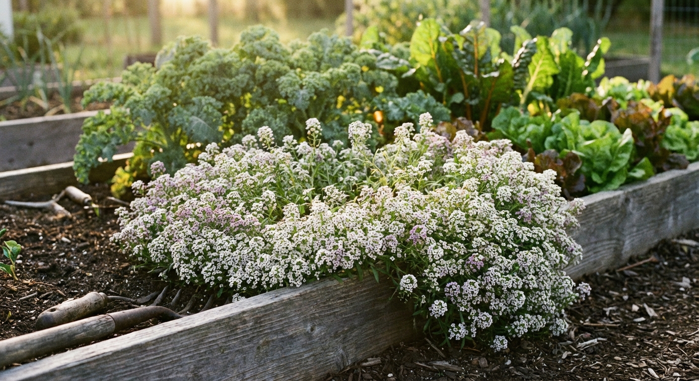 A real photograph of sweet alyssum blooming along the edge of a raised vegetable bed, with leafy greens growing behind it in soft afternoon light