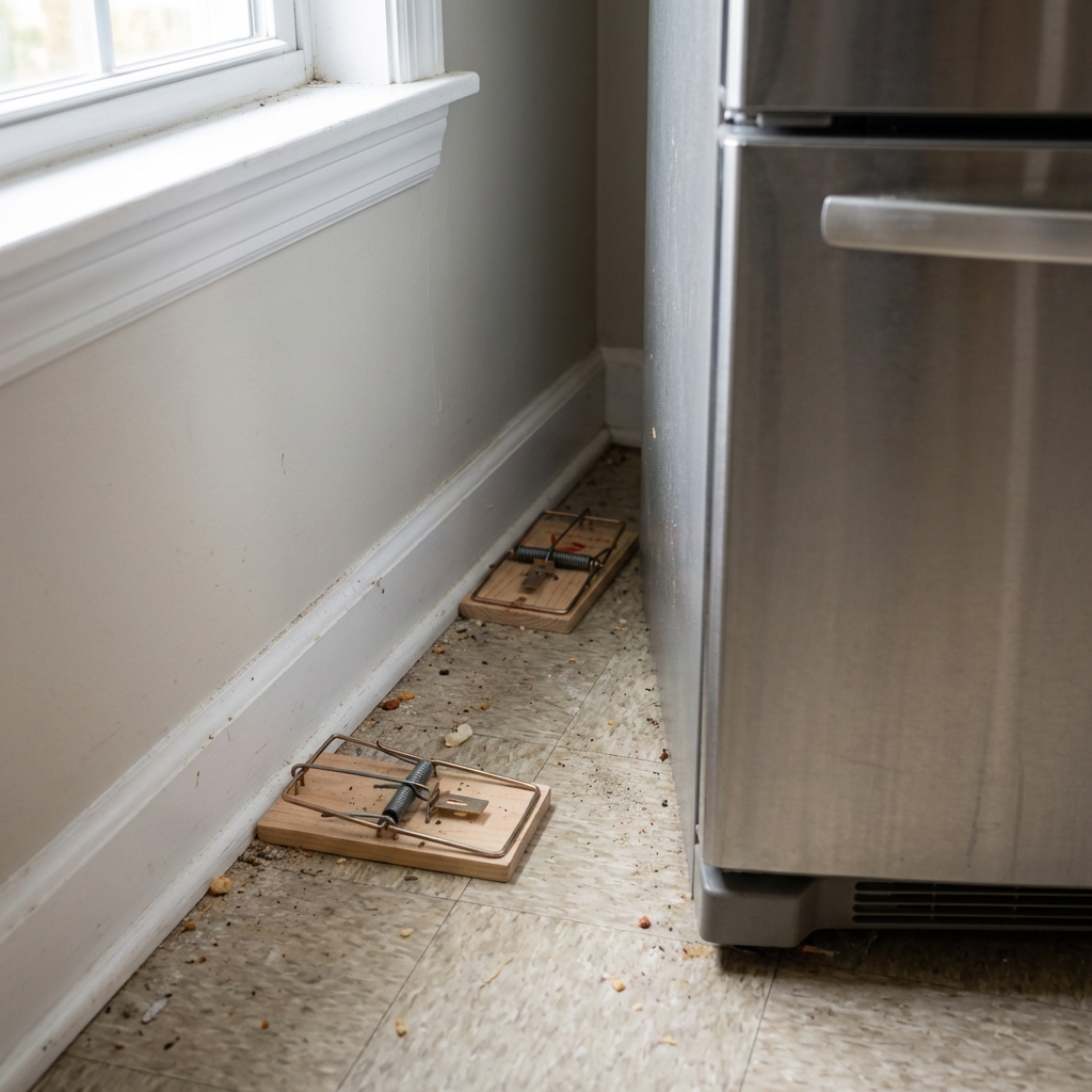 A real photograph of two rat snap traps placed along a kitchen baseboard behind a refrigerator