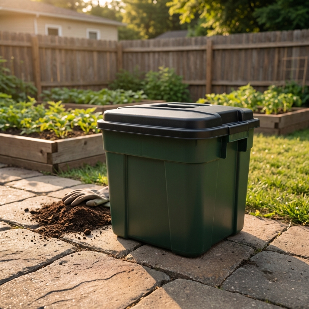 A real plastic compost bin with a tight-fitting lid placed on patio pavers in a backyard