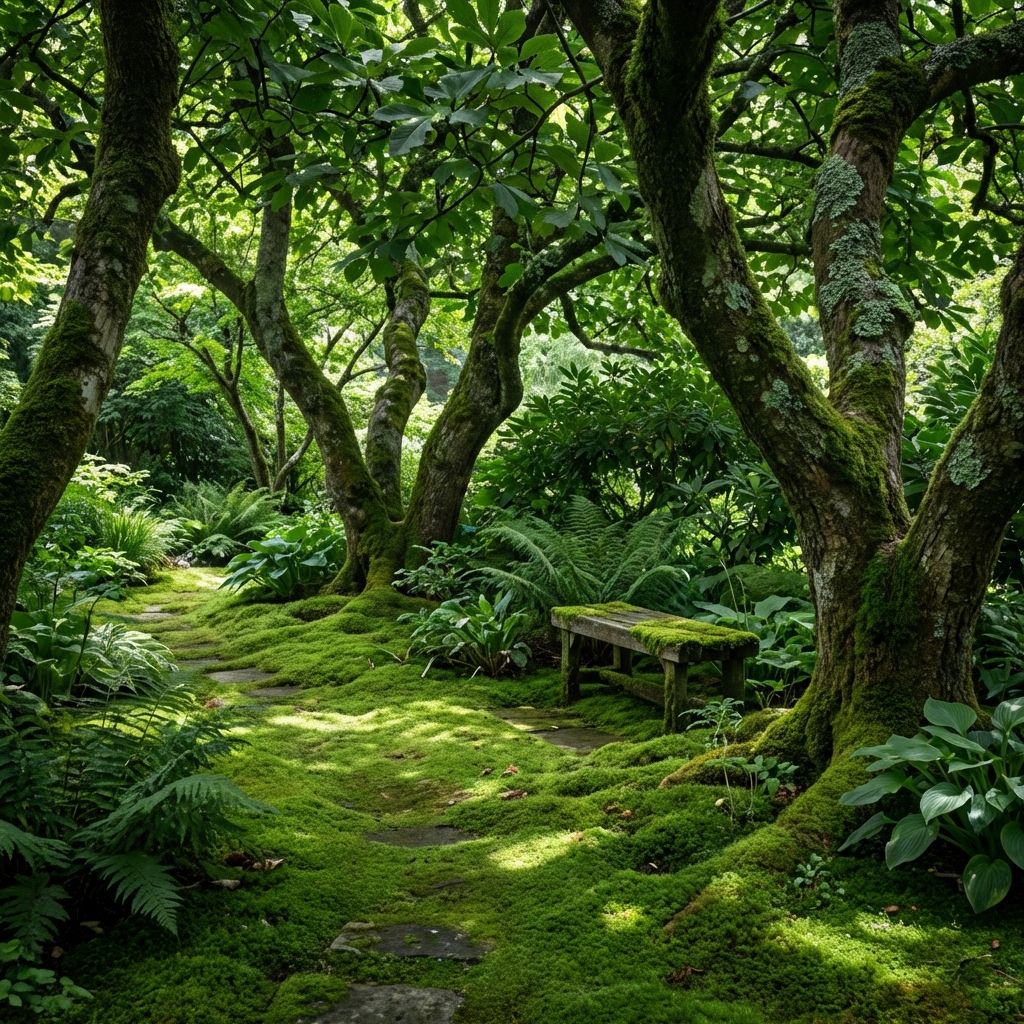 A real shaded garden corner where moss forms a dense green groundcover beneath mature trees