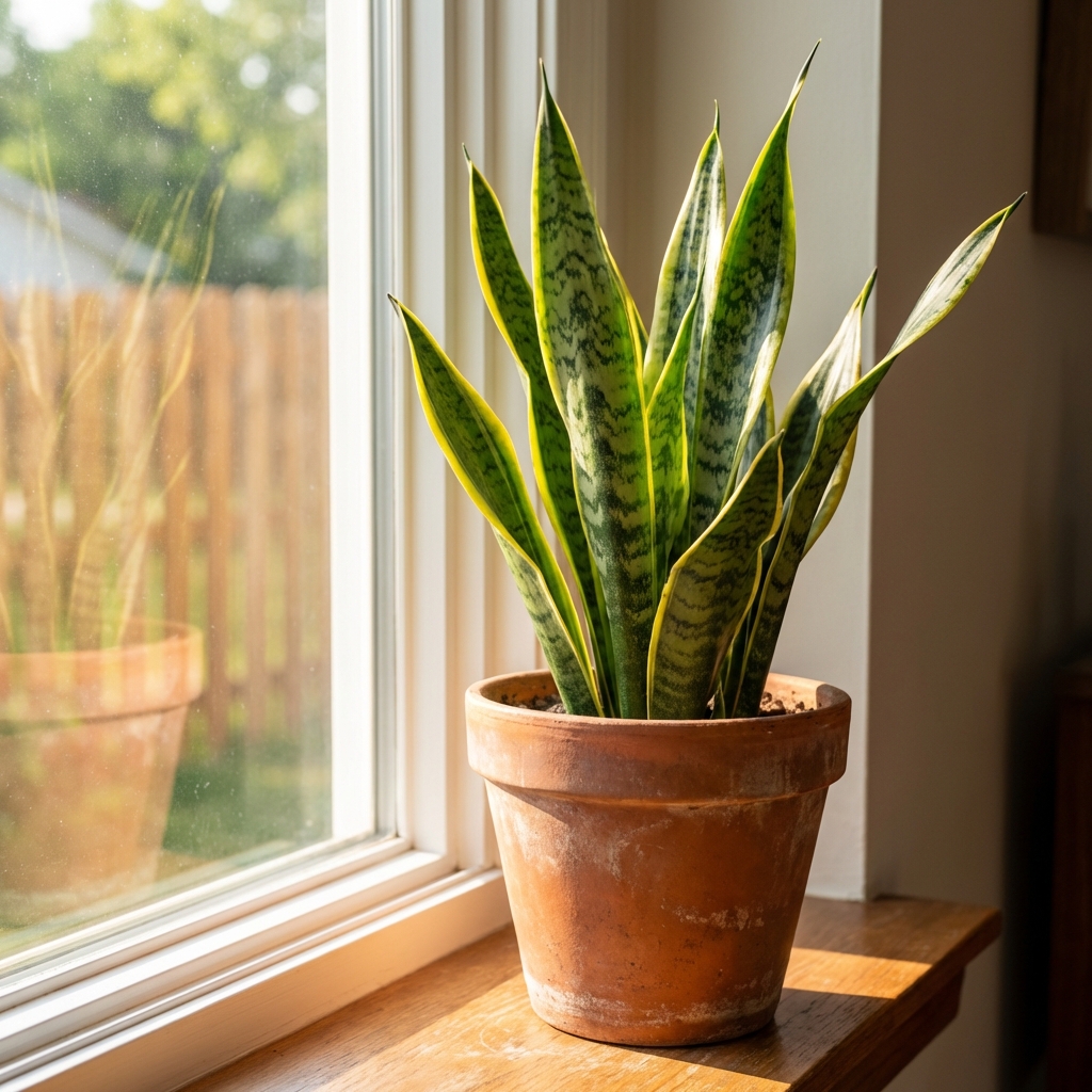A real snake plant in a terracotta pot sitting near a bright window with sunlight on the leaves