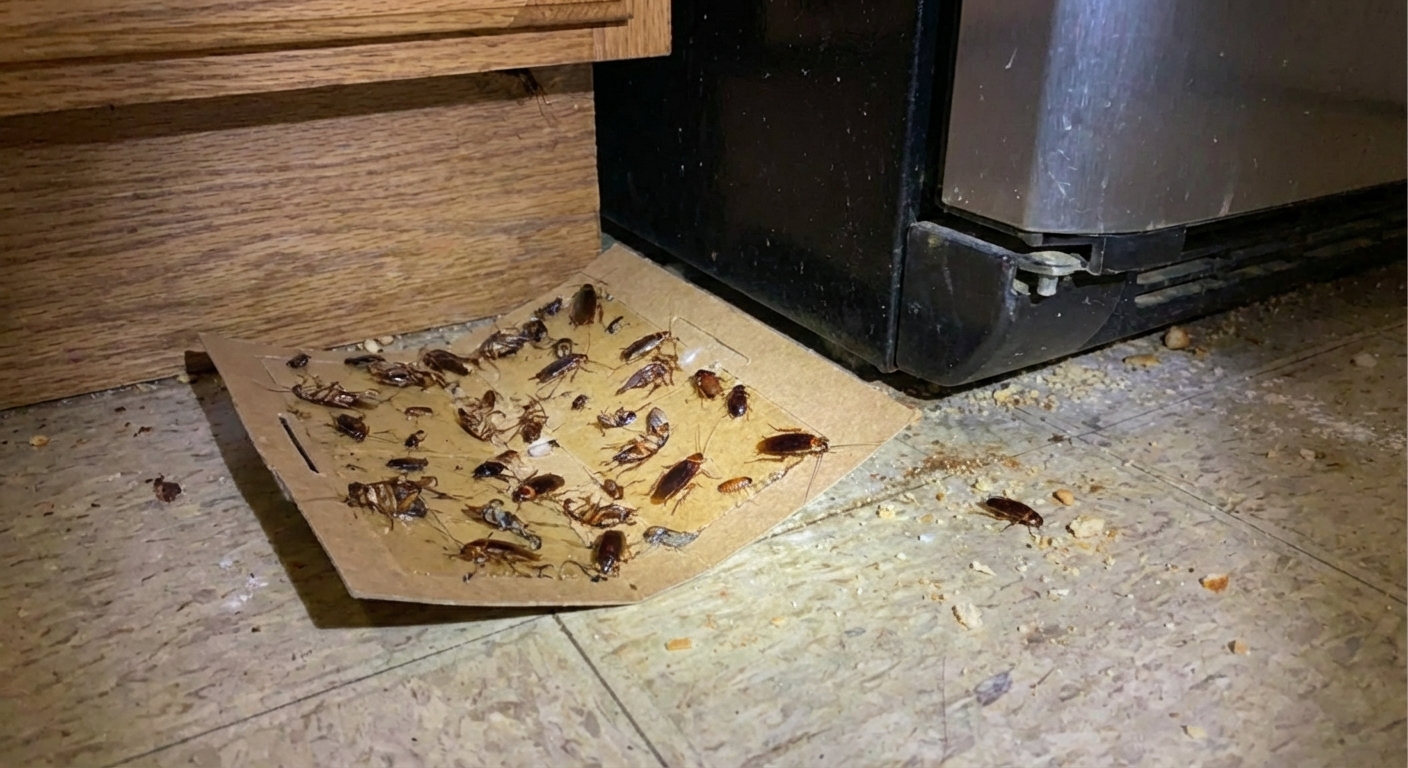 A real sticky roach trap placed on a kitchen floor beside a baseboard near the refrigerator